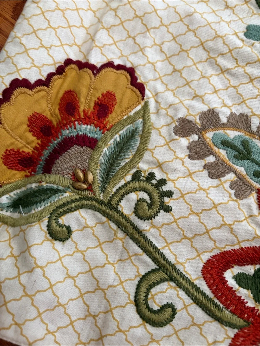 Pier 1 Embroidered Floral Table Runner in Cream, Mustard & Red